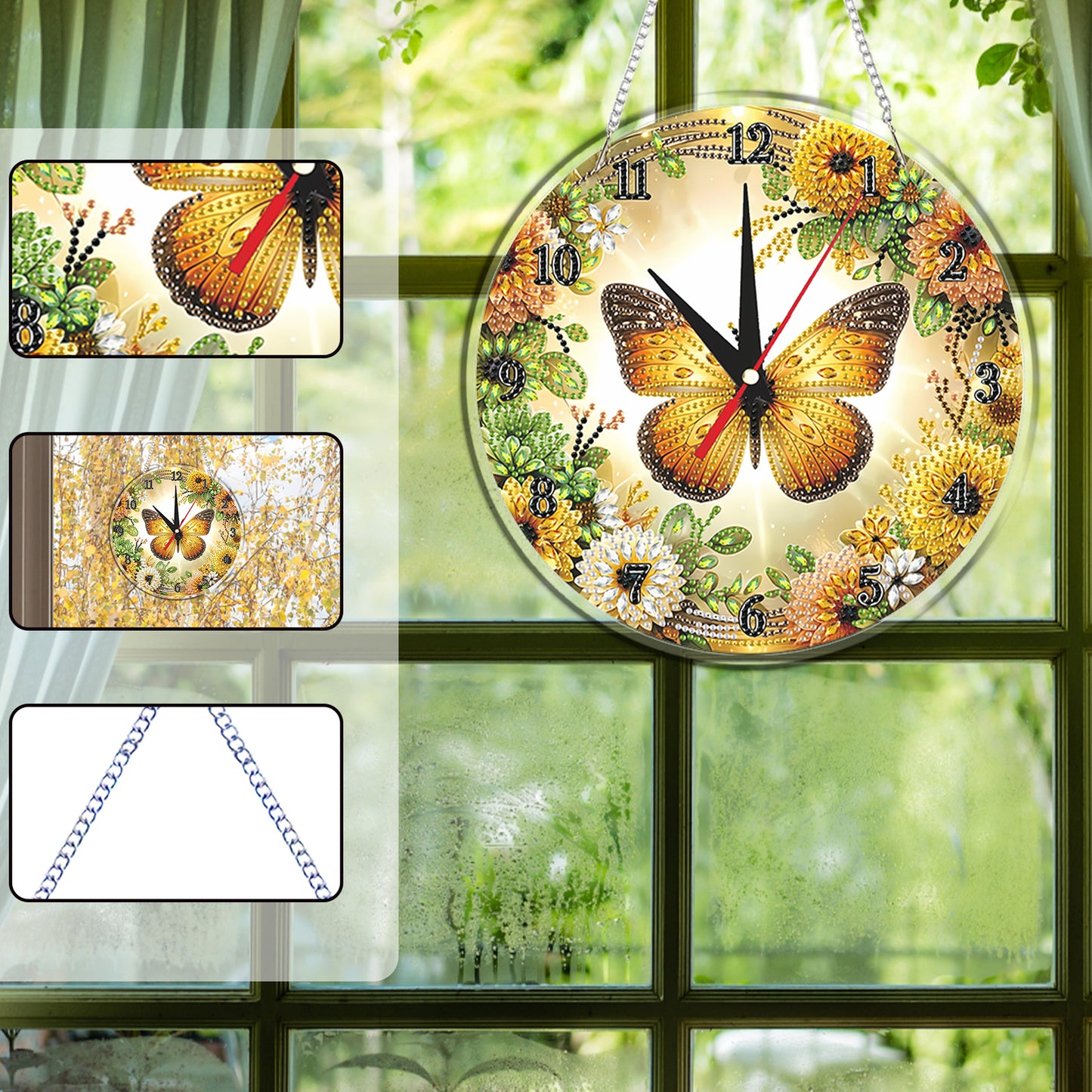 2D Flat DIY Butterflies Flowers Acrylic 5D Diamond Art Clock Kit for Home Decor