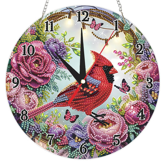 2D Flat DIY Redbird Flower Acrylic 5D Diamond Art Clock Kit for Home Decoration