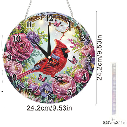 2D Flat DIY Redbird Flower Acrylic 5D Diamond Art Clock Kit for Home Decoration