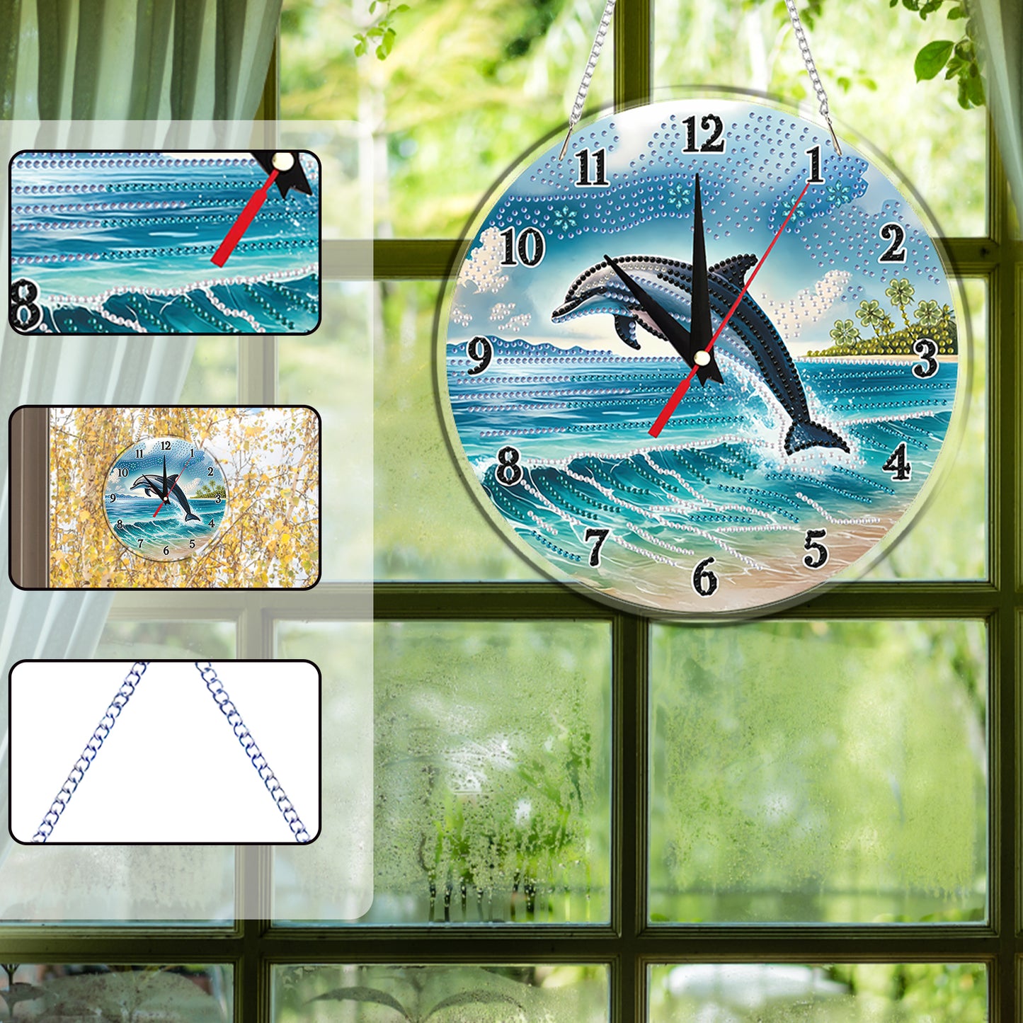 2D Flat DIY Dolphin Acrylic Diamond Painting Clock Pendant for Home Decoration