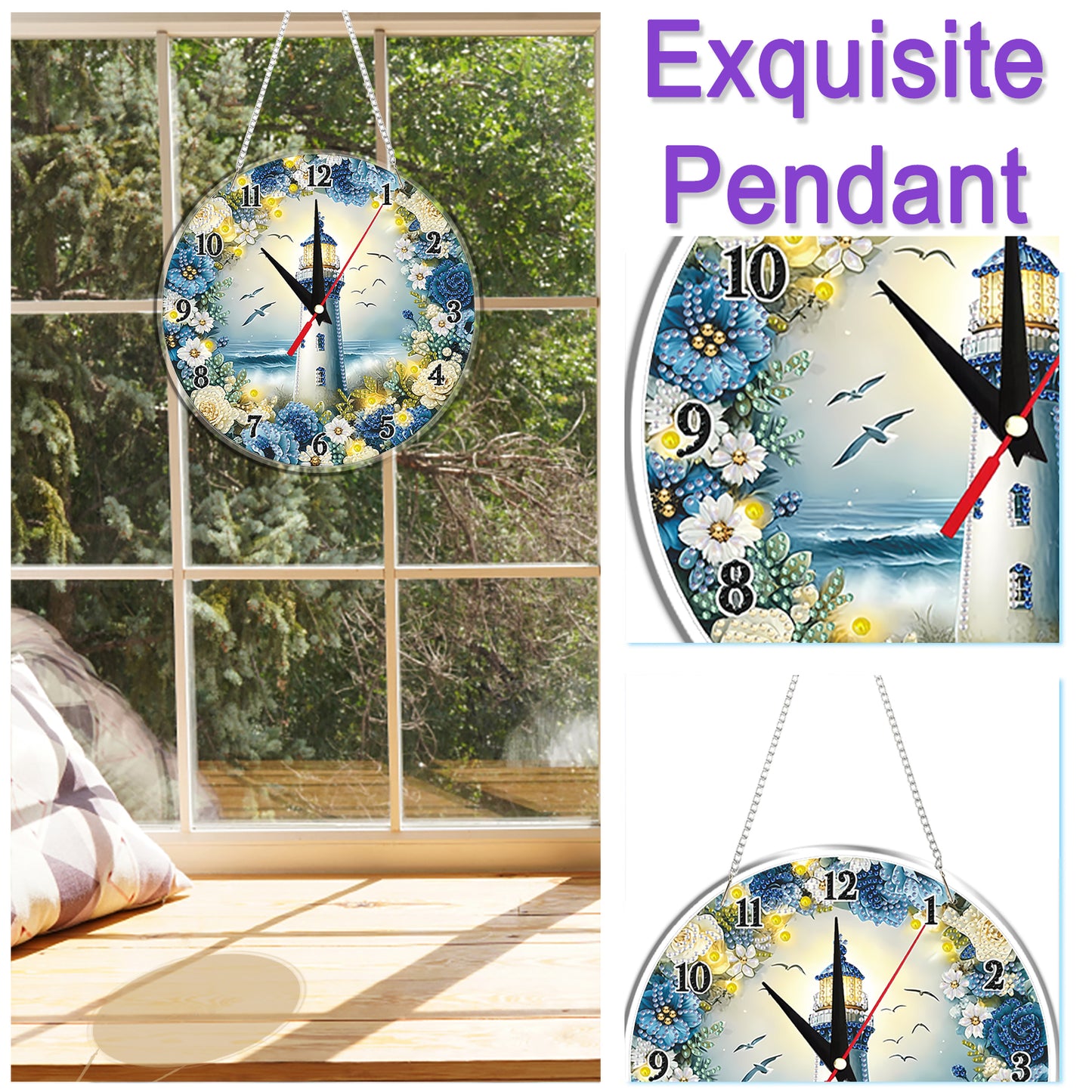 2D Flat DIY Lighthouse Acrylic Diamond Painting Clock Pendant for Home Decor