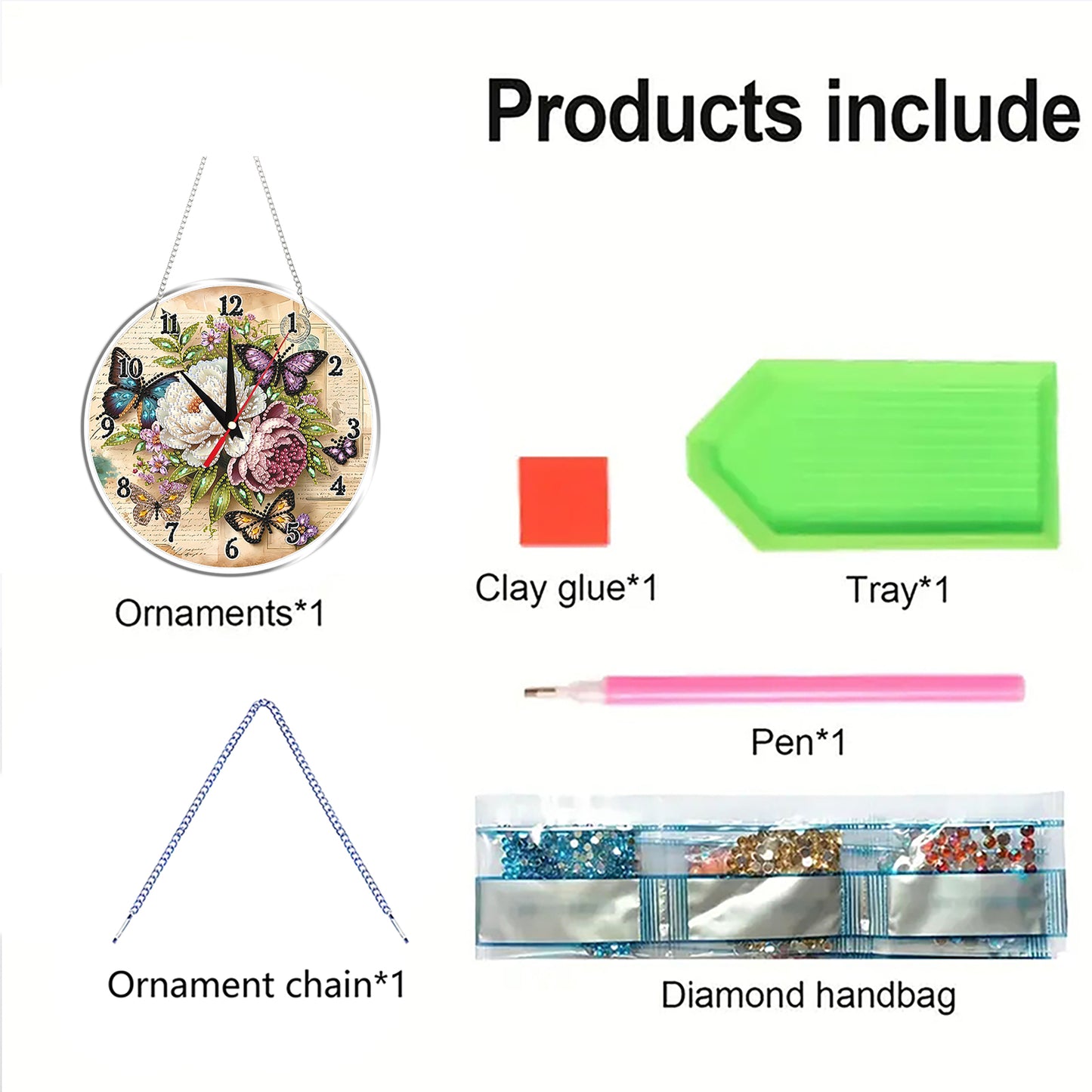 2D Flat DIY Flowers Acrylic Diamond Painting Clock Pendant for Home Decoration