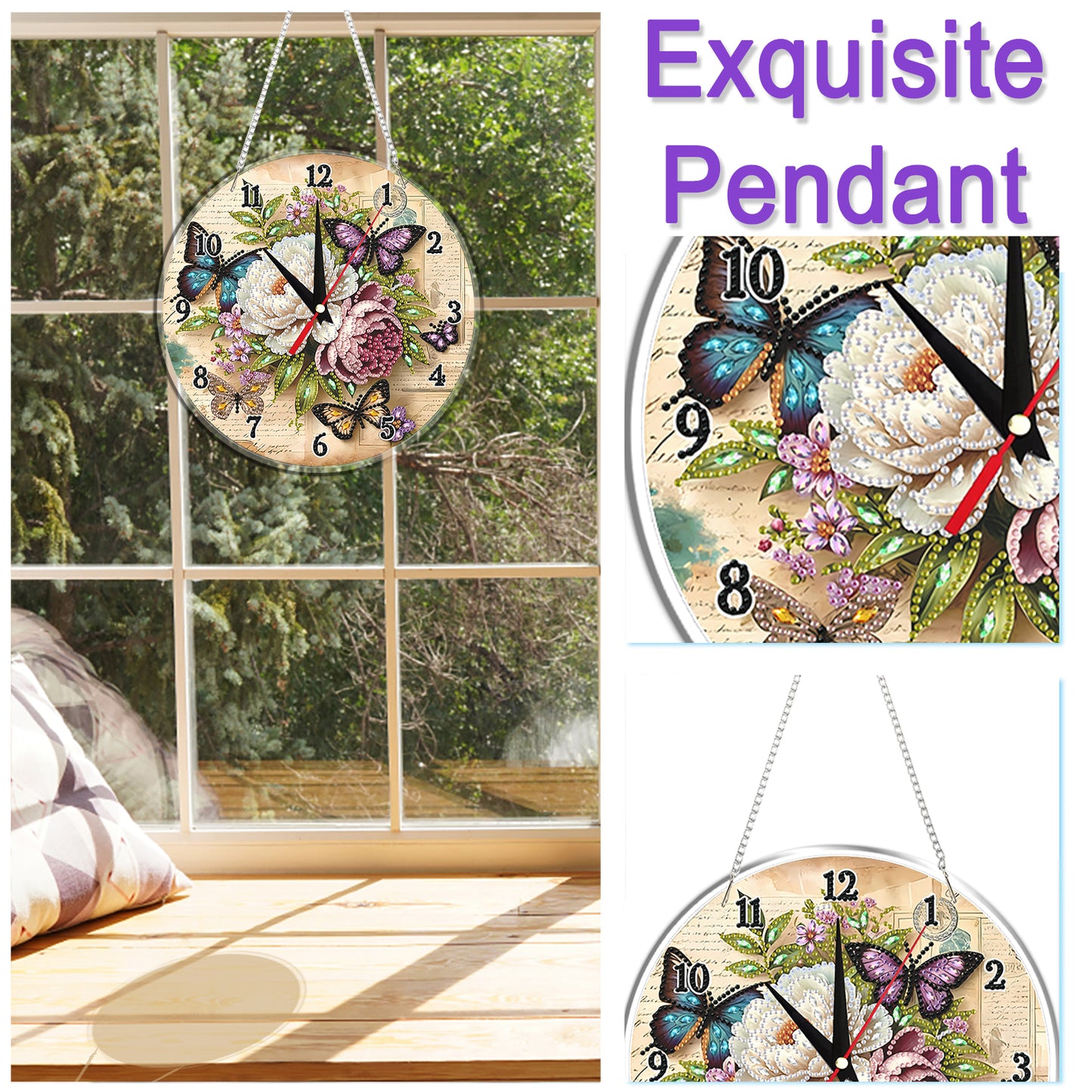 2D Flat DIY Flowers Acrylic Diamond Painting Clock Pendant for Home Decoration