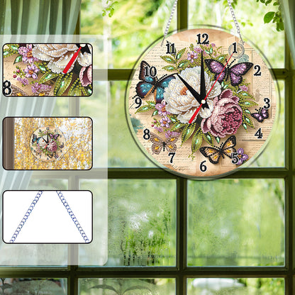 2D Flat DIY Flowers Acrylic Diamond Painting Clock Pendant for Home Decoration