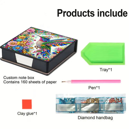 Bird PU DIY 5D Diamond Painting Note Box (160 Blank Notepads) for Office Home