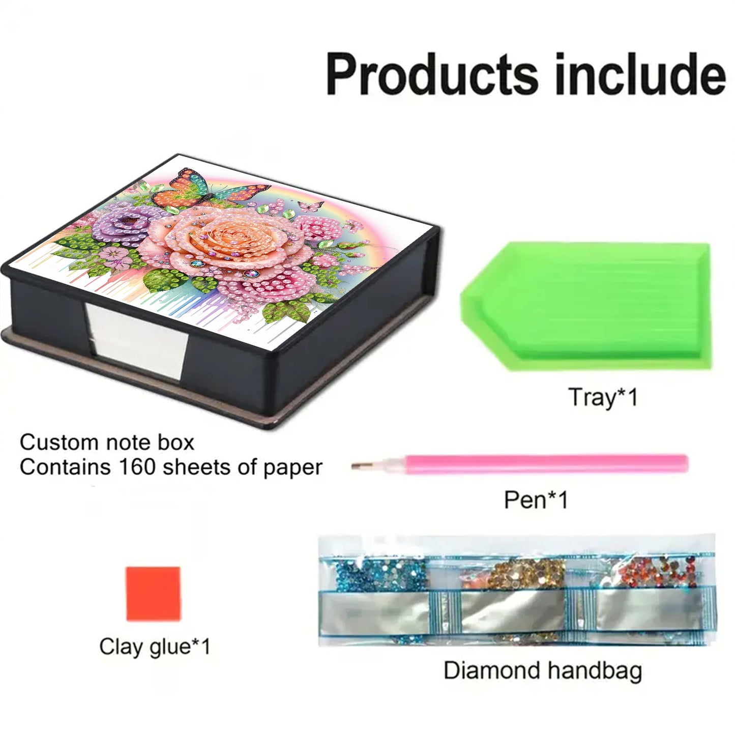 Rose PU DIY 5D Diamond Painting Note Box (160 Blank Notepads) for Office Home