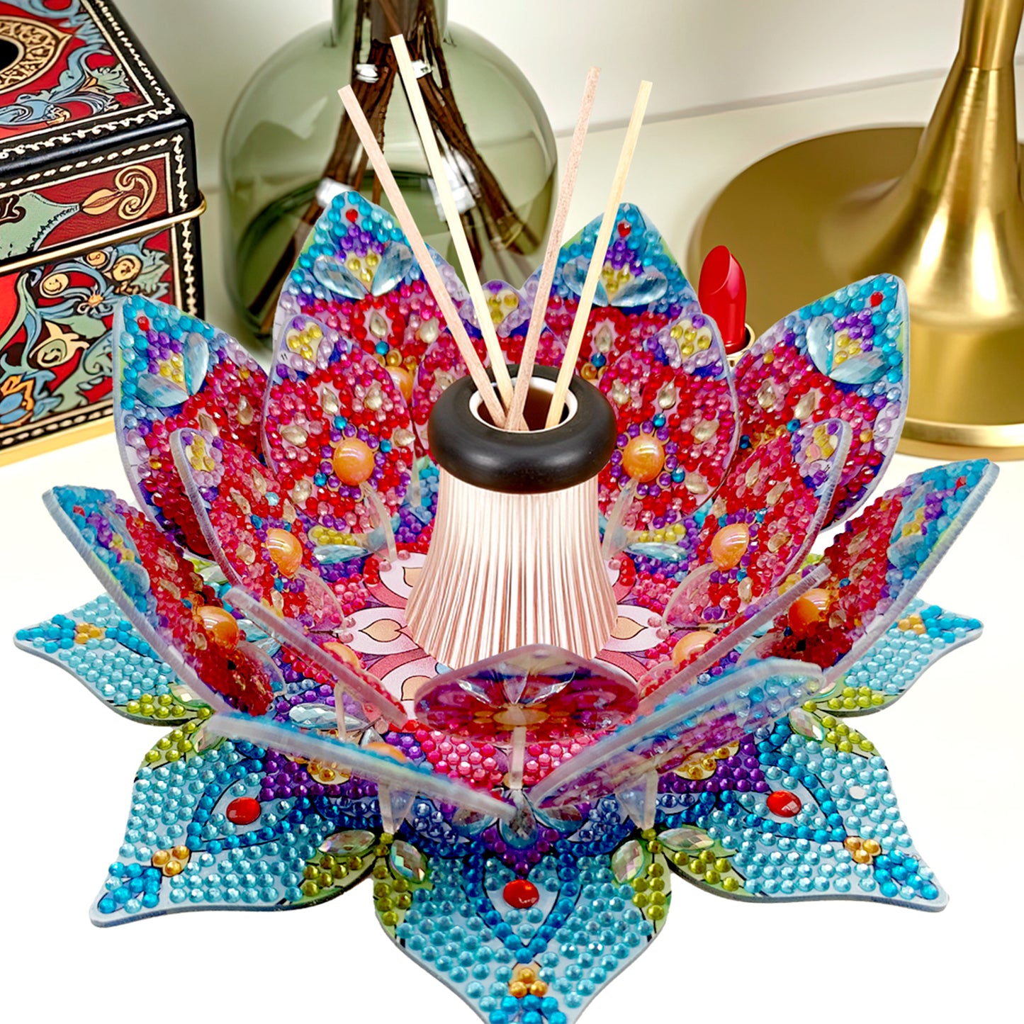 Red Lotus Candlestick DIY Diamond Art Desk Ornaments for Adults Bedroom Decor