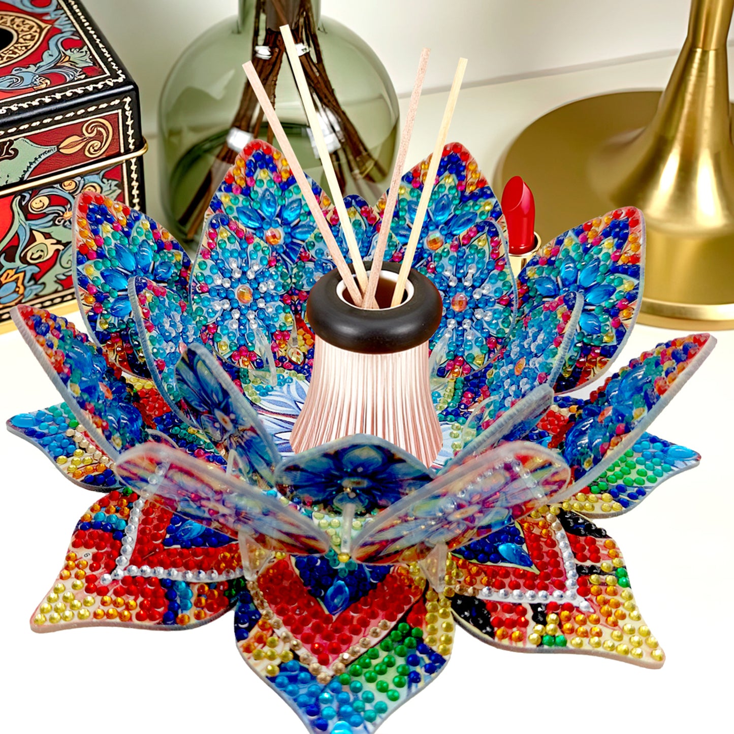 Blue Lotus Candlestick DIY Diamond Art Desk Ornaments for Adults Bedroom Decor