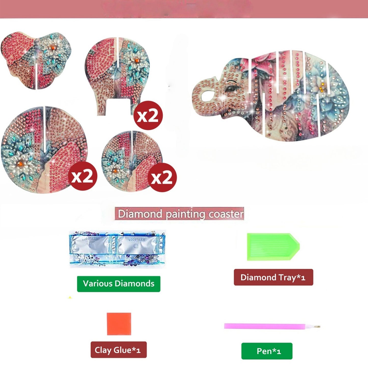 Pink Elephant 5D DIY Animal Pattern Diamond Painting Coasters Kits with Holder