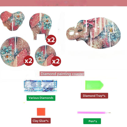 Pink Elephant 5D DIY Animal Pattern Diamond Painting Coasters Kits with Holder