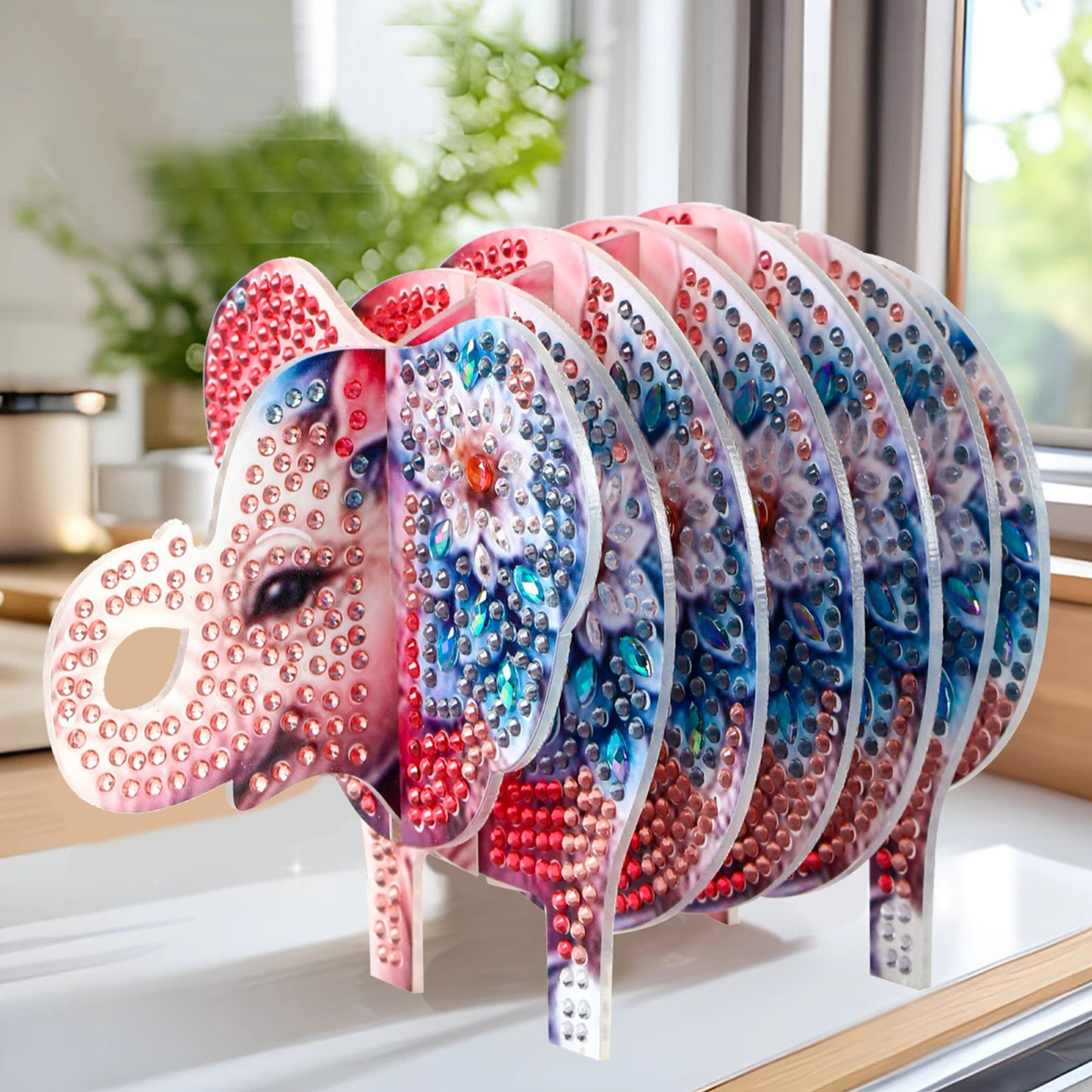 Pink Elephant 5D DIY Animal Pattern Diamond Painting Coasters Kits with Holder