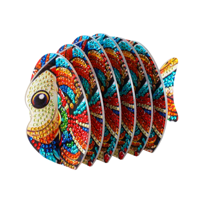 Fish 5D DIY Animal Pattern Diamond Painting Coasters Kits with Holder for Home