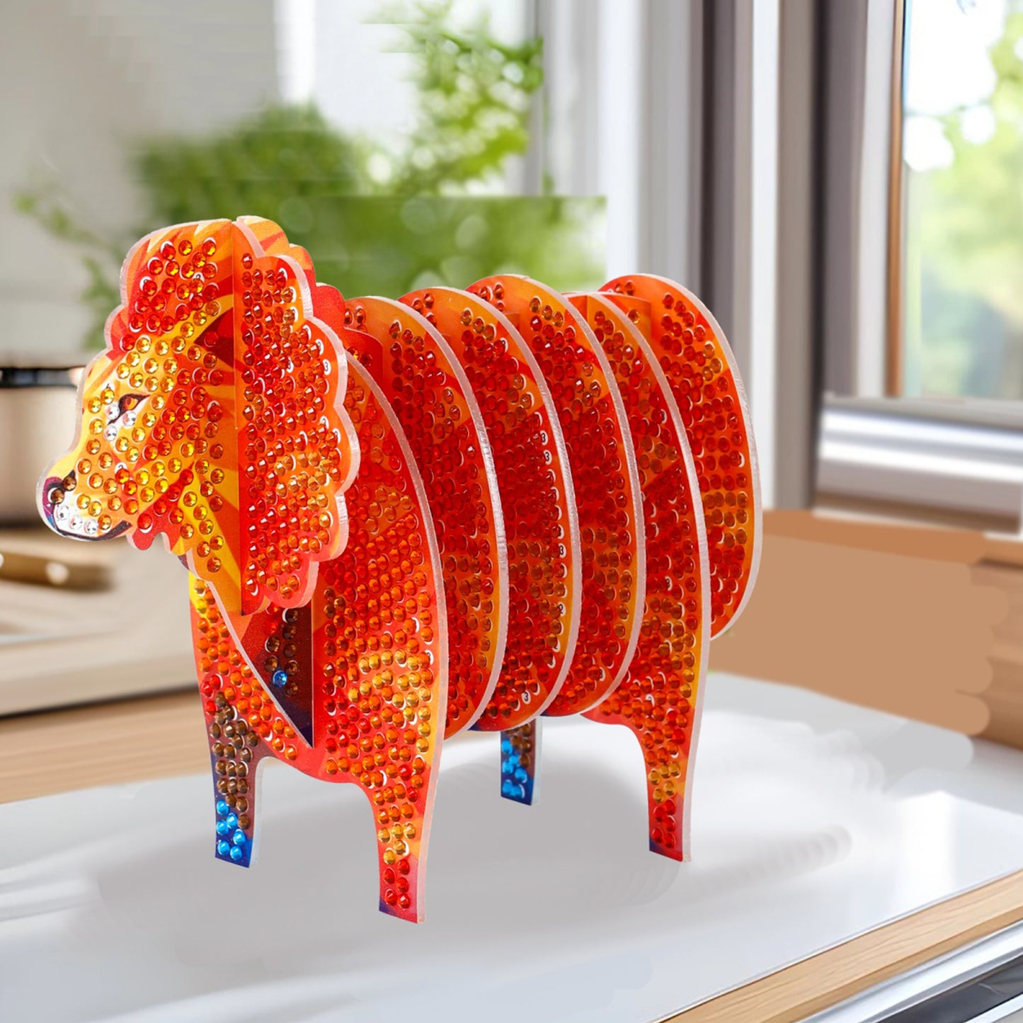 Lion 5D DIY Animal Pattern Diamond Painting Coasters Kits with Holder for Home