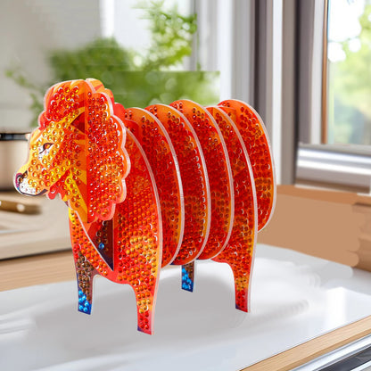 Lion 5D DIY Animal Pattern Diamond Painting Coasters Kits with Holder for Home