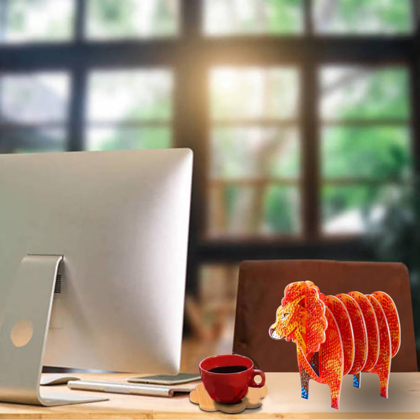 Lion 5D DIY Animal Pattern Diamond Painting Coasters Kits with Holder for Home