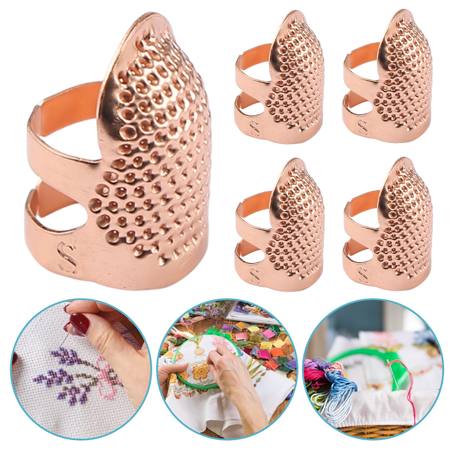 5Pcs Cross-Stitch Tools Retro Adjustable Thimble Hand Sewing Ring (Rose Gold S)