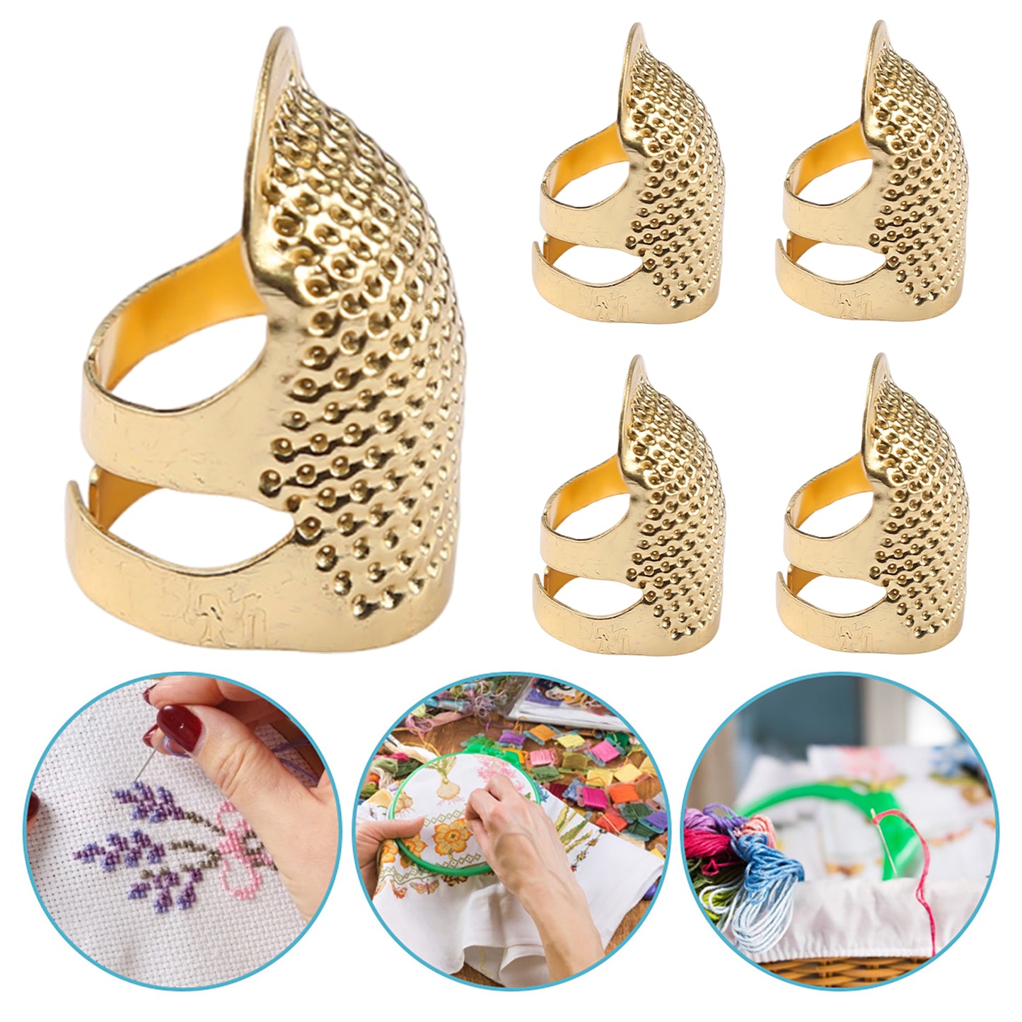 5Pcs Cross-Stitch Tools Retro Adjustable Thimble Hand Sewing Thimble (Gold M)