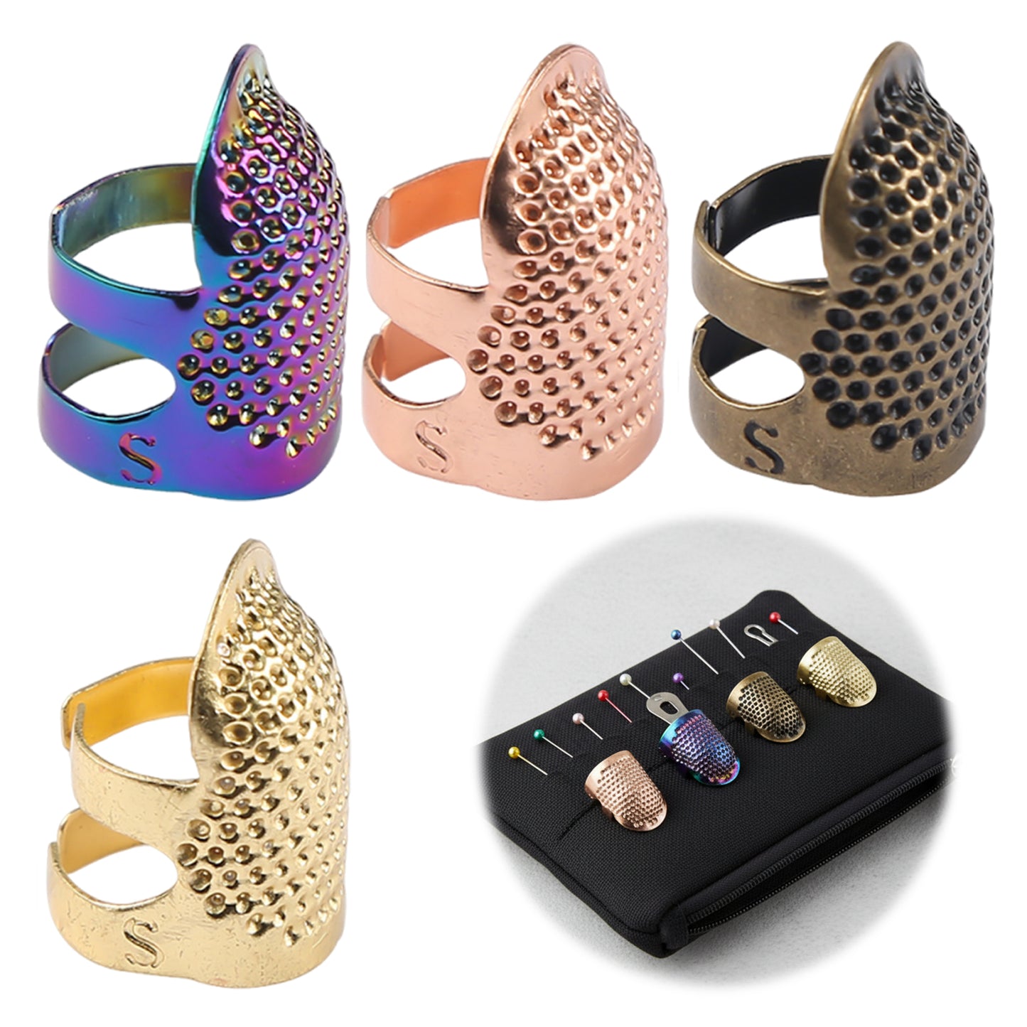 4Pcs Cross-Stitch Tools Retro Adjustable Thimble Hand Sewing Ring (Colored S)