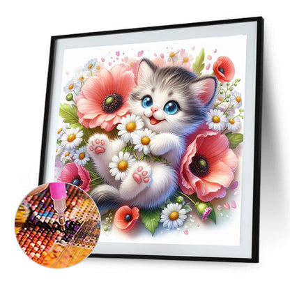 Cat And Daisy - Full Round Drill Diamond Painting 30*30CM