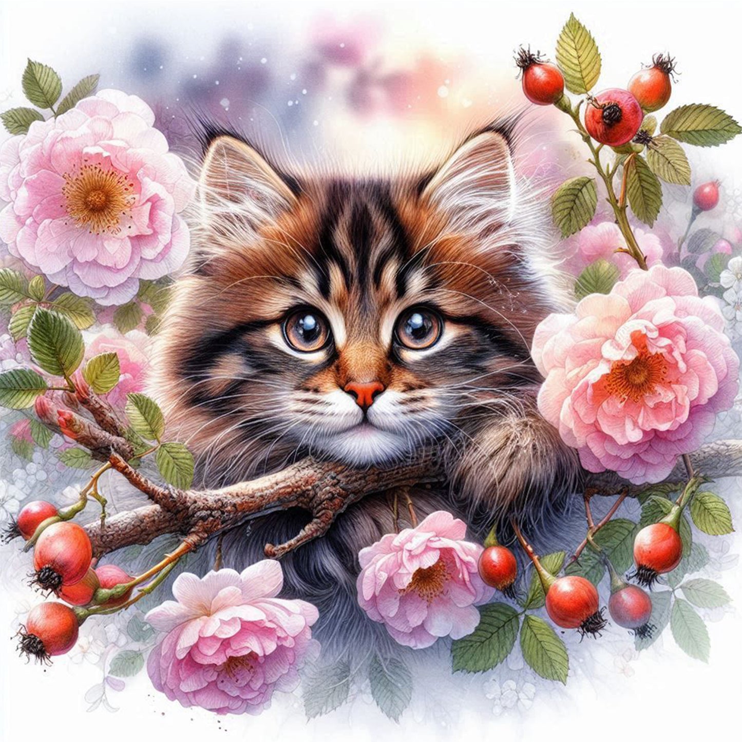 Cat And Peach Blossom - Full Round Drill Diamond Painting 30*30CM