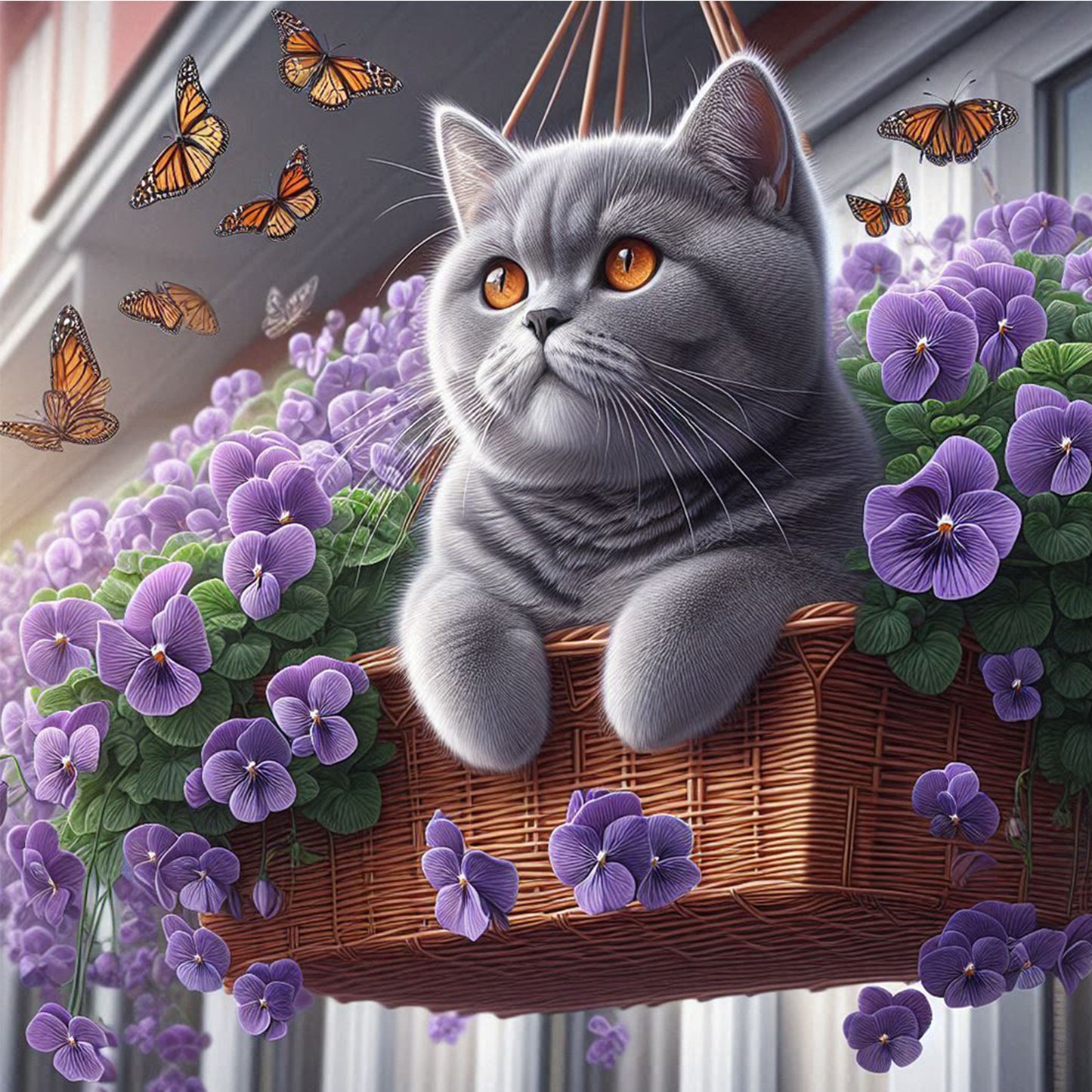 Blue Cat And Flowers - Full Round Drill Diamond Painting 30*30CM