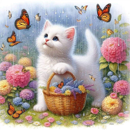 Cat And Hydrangea - Full Round Drill Diamond Painting 30*30CM