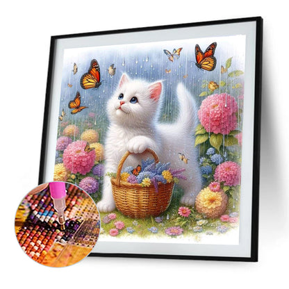 Cat And Hydrangea - Full Round Drill Diamond Painting 30*30CM