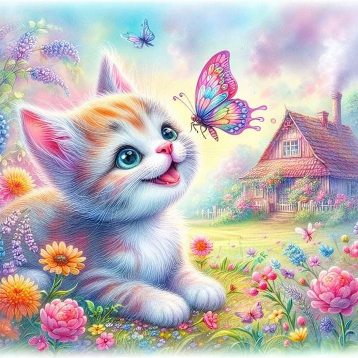Kitty And Butterfly - Full Round Drill Diamond Painting 30*30CM