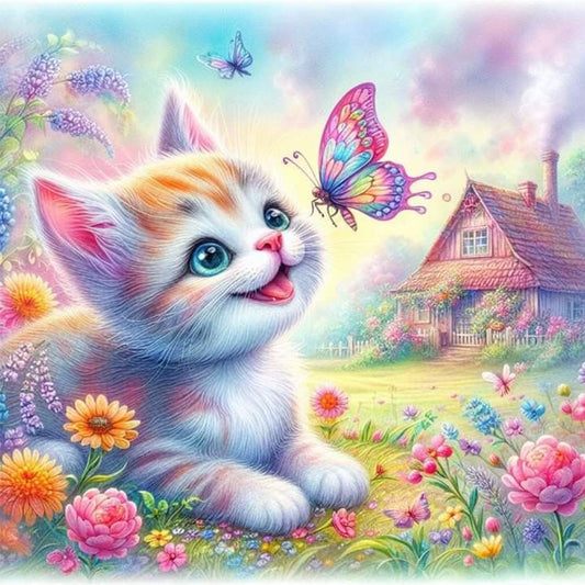 Kitty And Butterfly - Full Round Drill Diamond Painting 30*30CM