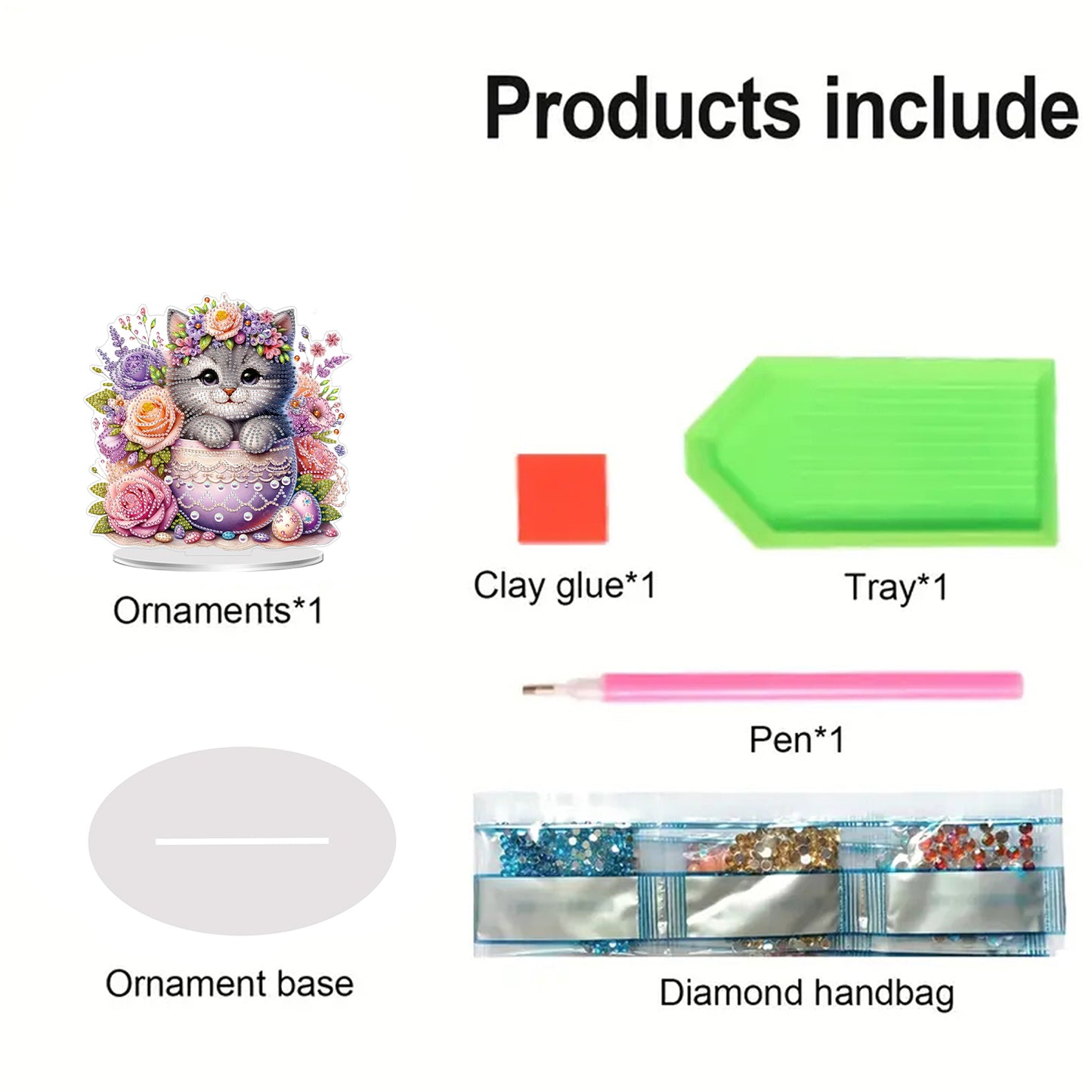 2D Flat Cat and Flower DIY Acrylic Diamond Painting Ornaments Kit Home Decor