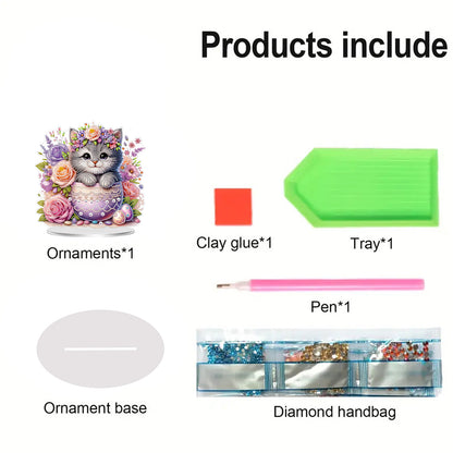 2D Flat Cat and Flower DIY Acrylic Diamond Painting Ornaments Kit Home Decor