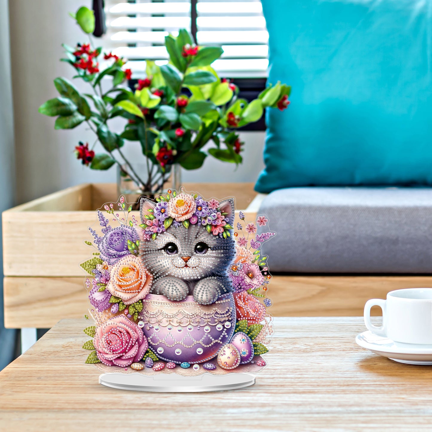 2D Flat Cat and Flower DIY Acrylic Diamond Painting Ornaments Kit Home Decor