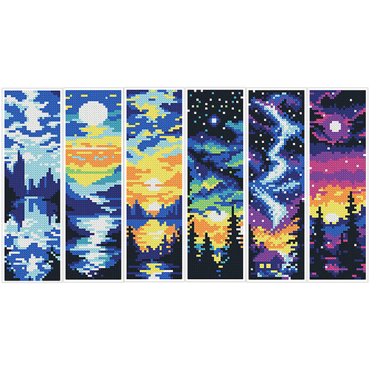 6Pcs Landscape DIY Cotton Single-Sided Stamped Needlepoint Bookmark Kit 47x28cm