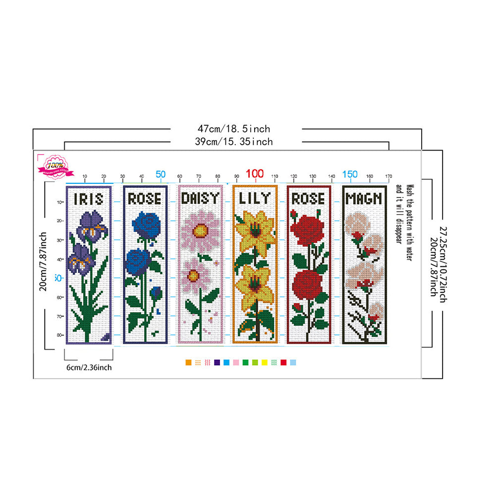 6Pcs Rose DIY Cotton Single-Sided Stamped Needlepoint Bookmark Kit 47x28cm