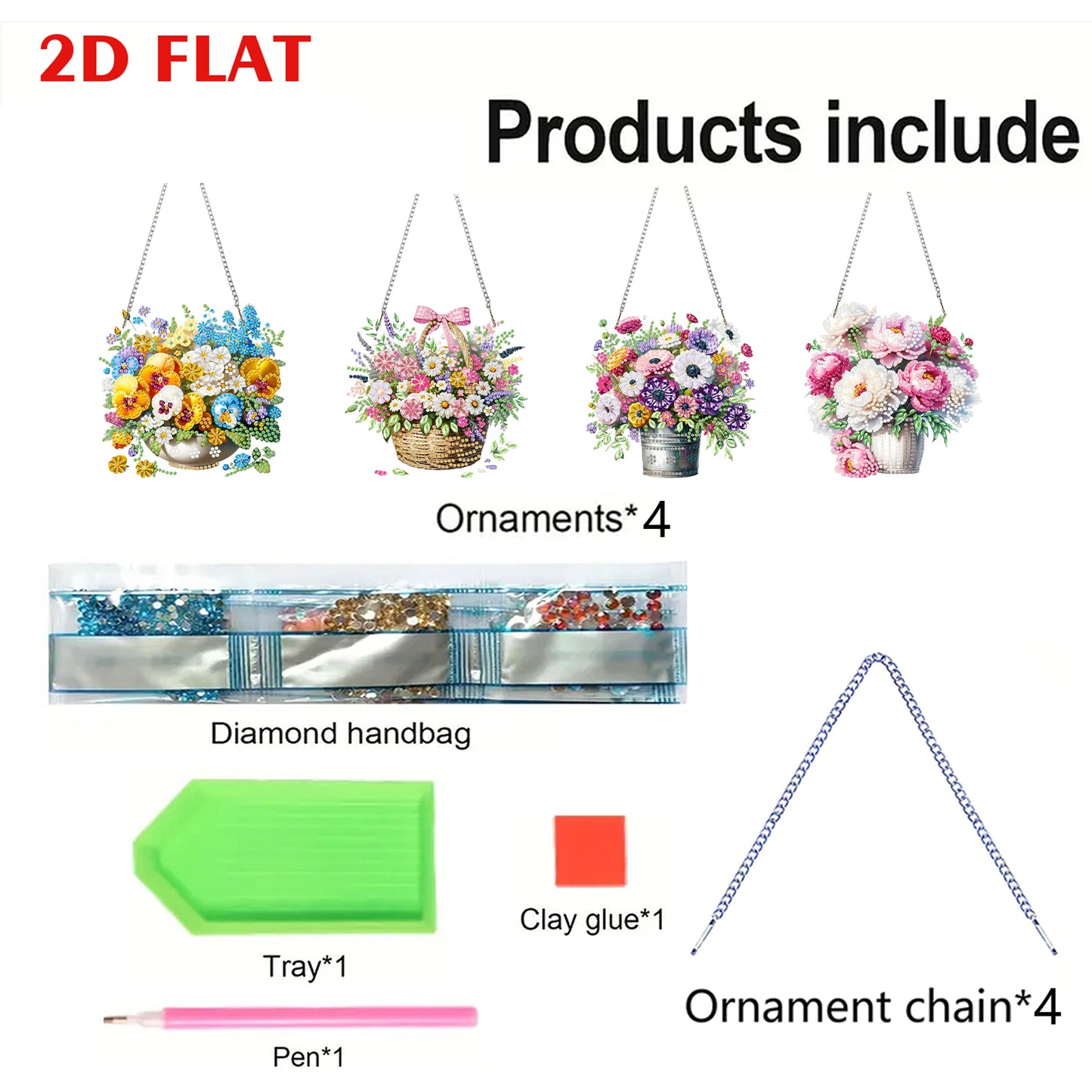 4pcs Flower 2D Flat DIY Acrylic Diamond Art Pendant Single Side Drill Home Decor