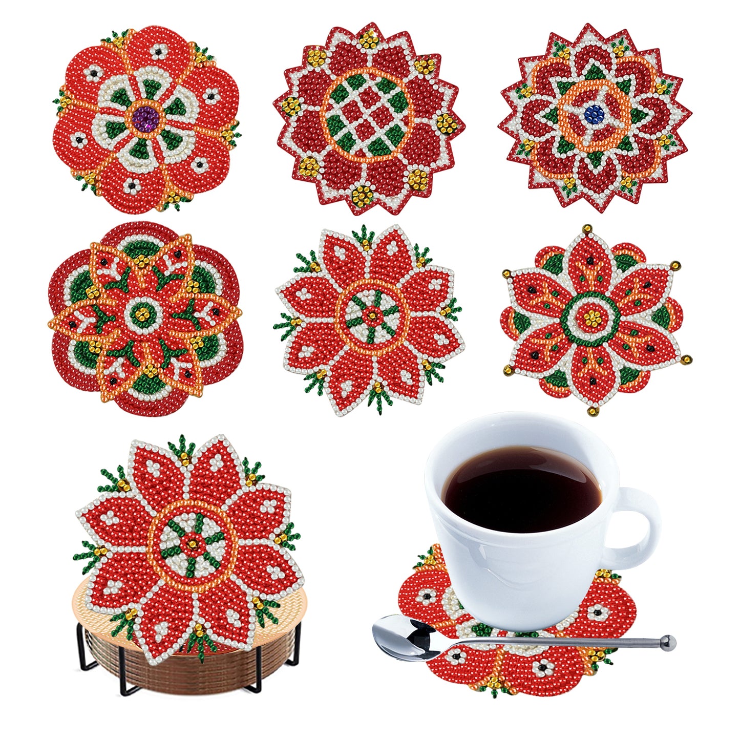 6pcs Pattern Wooden DIY Coaster Diamond Art Kits with Holder No-Slip Home Decor
