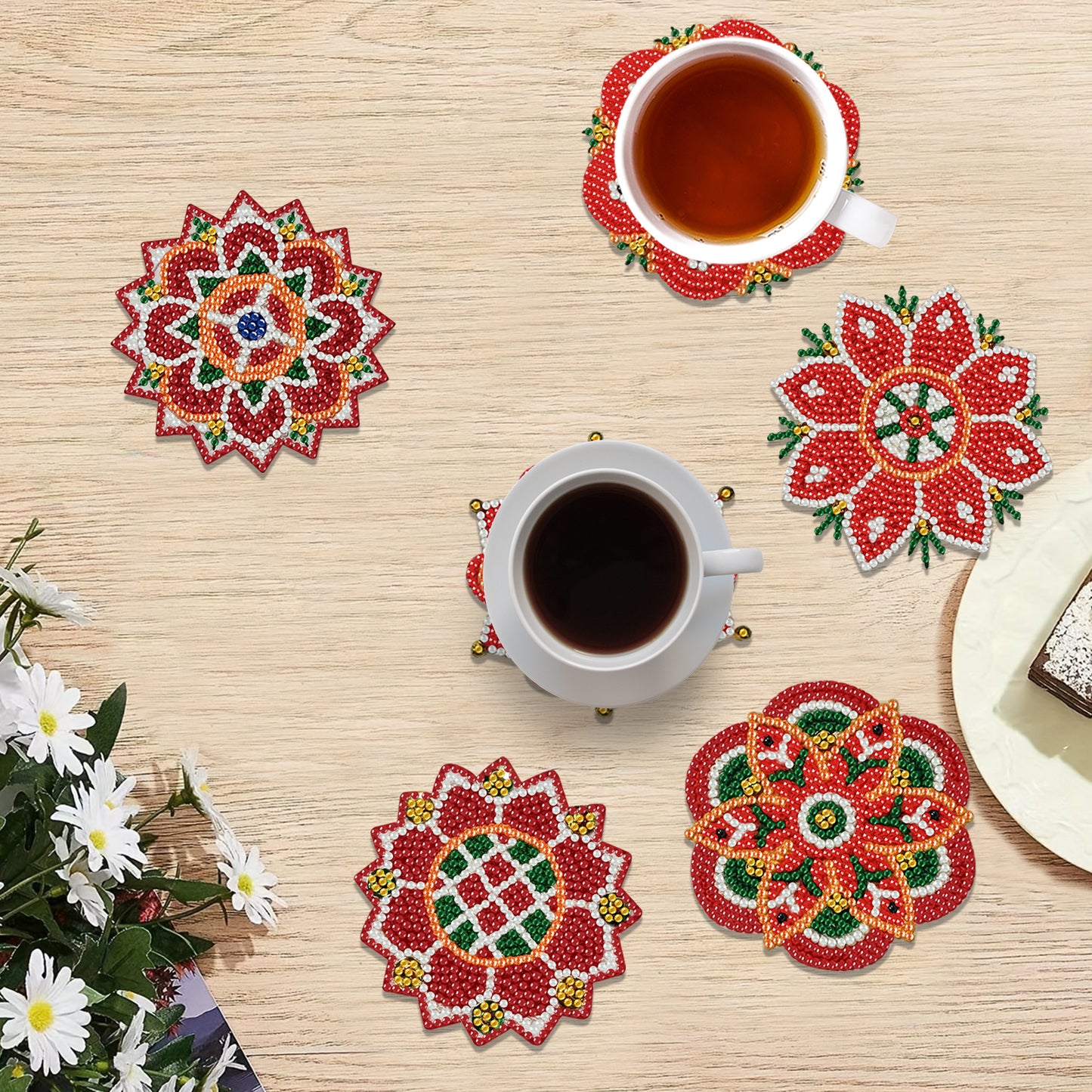 6pcs Pattern Wooden DIY Coaster Diamond Art Kits with Holder No-Slip Home Decor