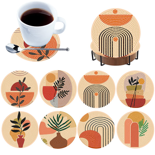 8pcs Simple Pattern Wooden DIY Coaster Diamond Art Kit w/ Holder No-Slip Decor