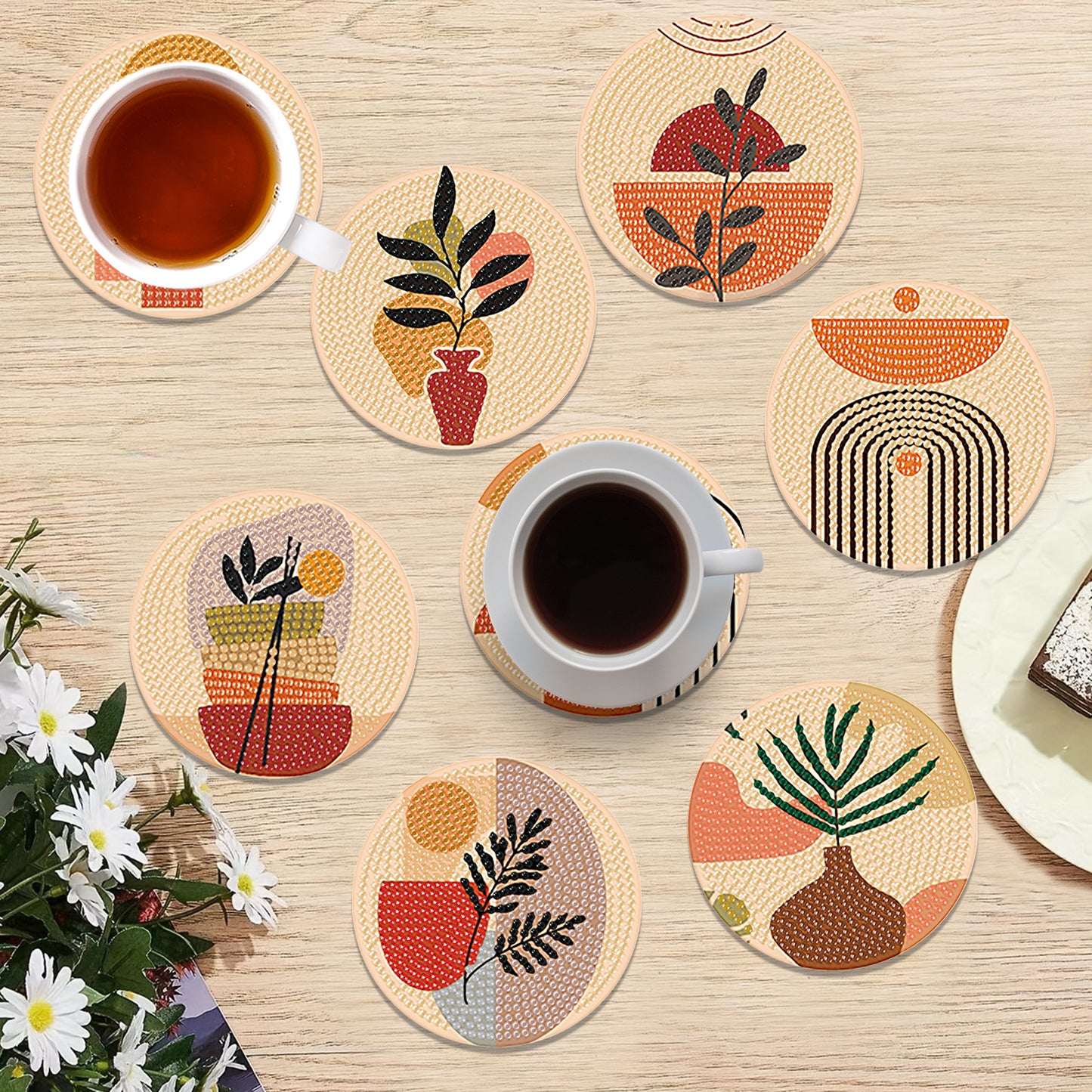 8pcs Simple Pattern Wooden DIY Coaster Diamond Art Kit w/ Holder No-Slip Decor
