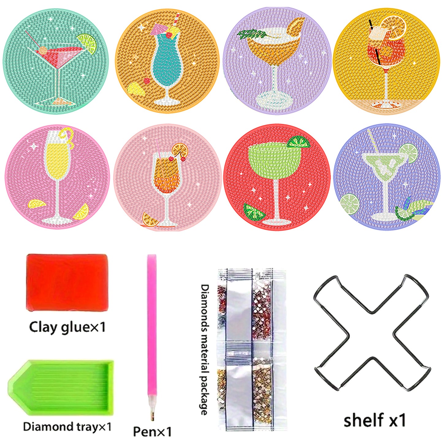 8pcs Drinks Wooden DIY Coaster Diamond Art Kits with Holder No-Slip Home Decor