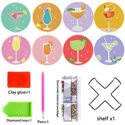 8pcs Drinks Wooden DIY Coaster Diamond Art Kits with Holder No-Slip Home Decor
