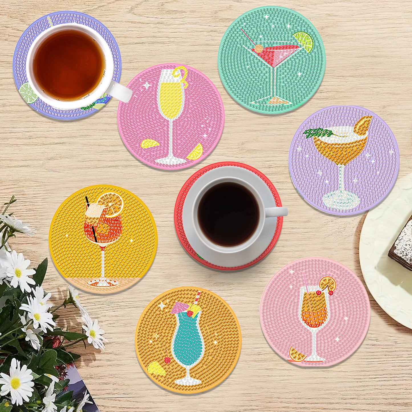 8pcs Drinks Wooden DIY Coaster Diamond Art Kits with Holder No-Slip Home Decor
