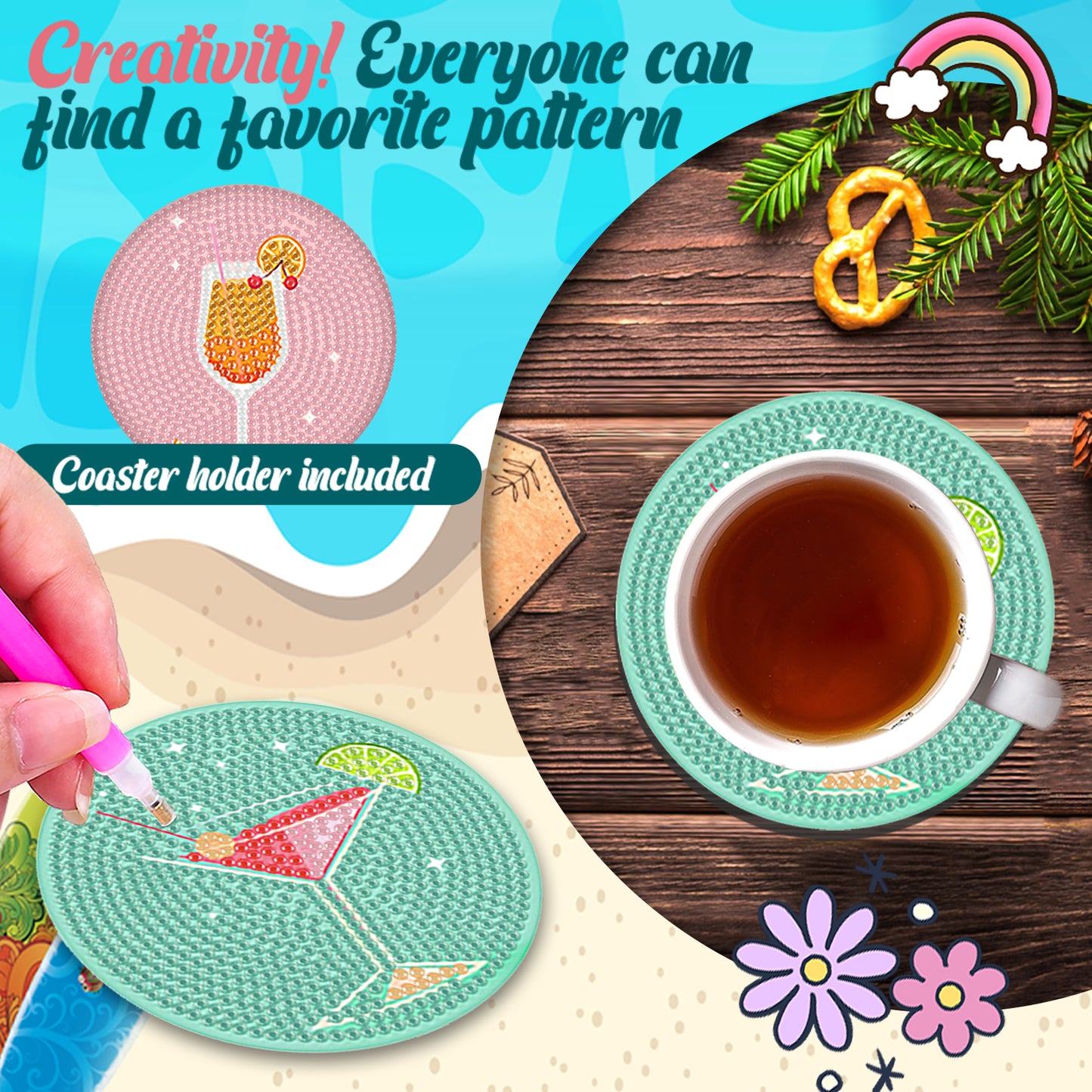 8pcs Drinks Wooden DIY Coaster Diamond Art Kits with Holder No-Slip Home Decor