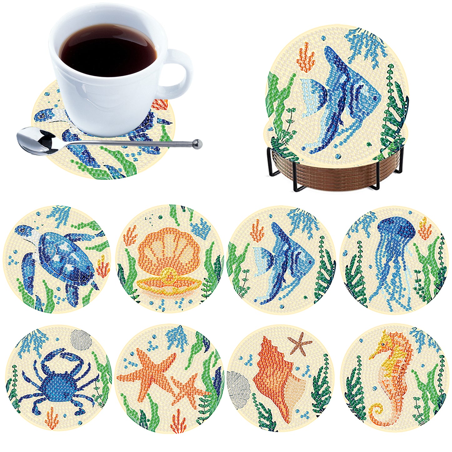 8pcs Animals Wooden DIY Coaster Diamond Art Kits with Holder No-Slip Home Decor