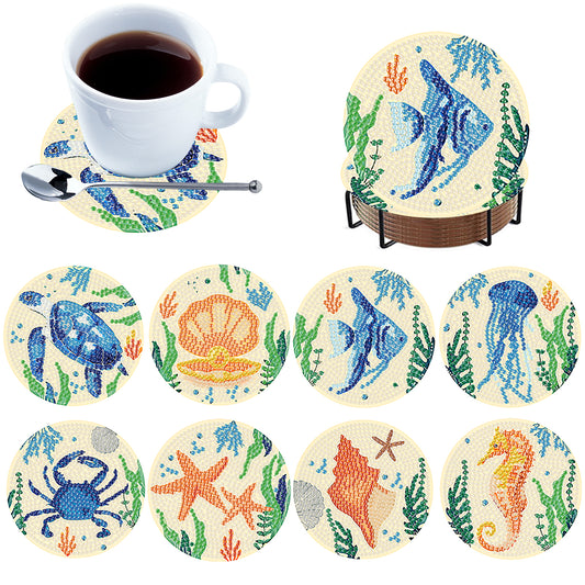 8pcs Animals Wooden DIY Coaster Diamond Art Kits with Holder No-Slip Home Decor