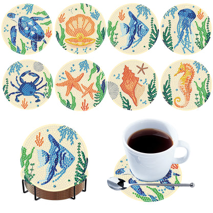 8pcs Animals Wooden DIY Coaster Diamond Art Kits with Holder No-Slip Home Decor