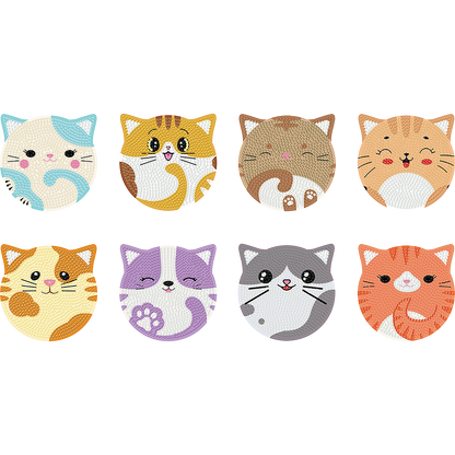 8pcs Cat Wooden DIY Coaster Diamond Art Kits with Holder No-Slip for Home Decor
