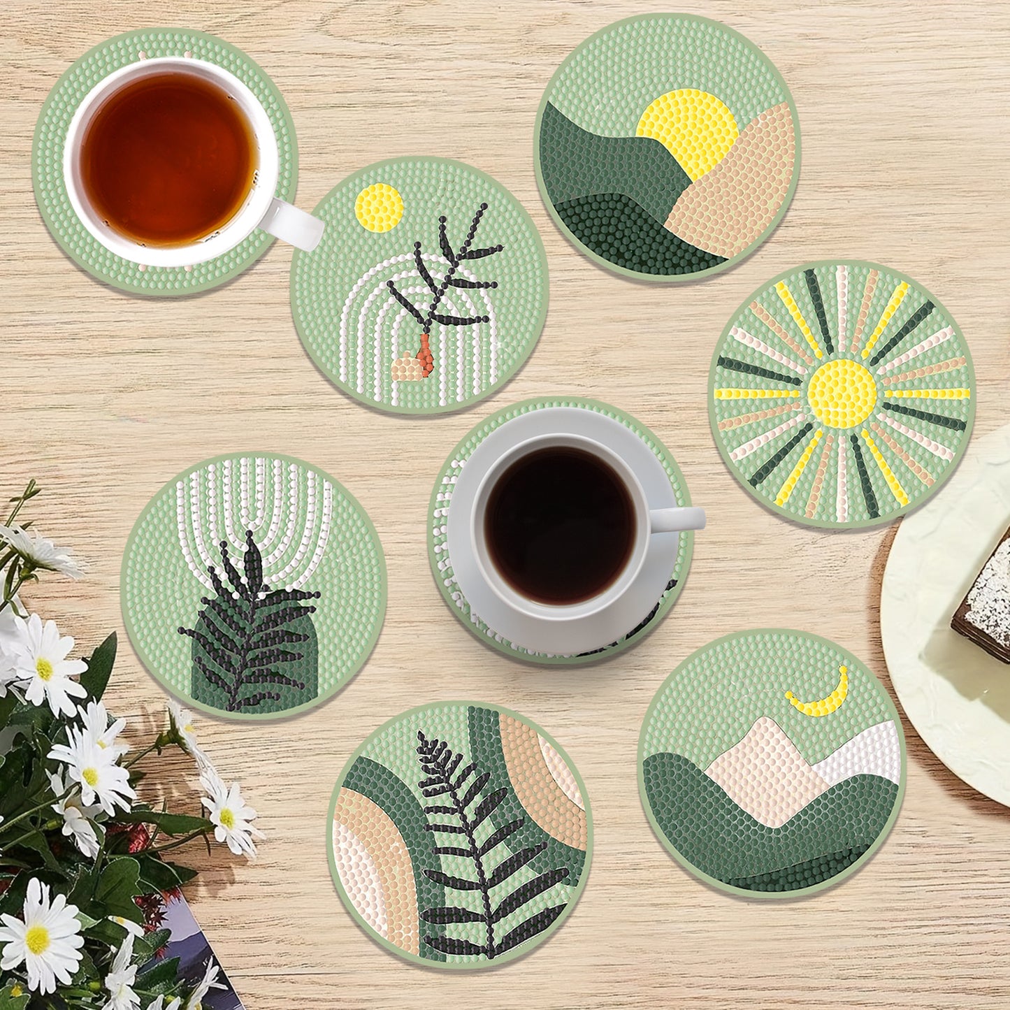 8pcs Green Wooden DIY Coaster Diamond Art Kits with Holder No-Slip Home Decor