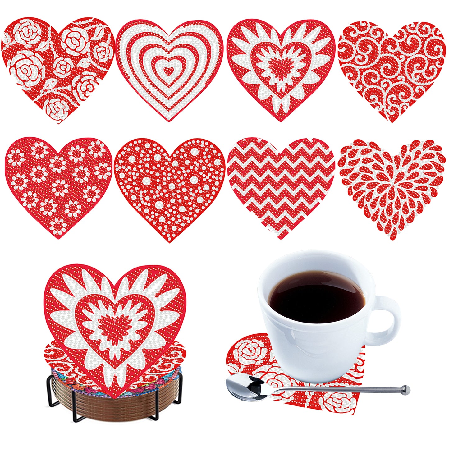 8pcs Love Wooden DIY Coaster Diamond Art Kits with Holder No-Slip for Home Decor