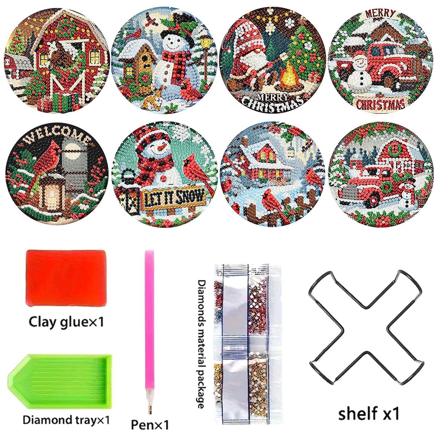 8pc Christmas Wooden DIY Coaster Diamond Art Kits with Holder No-Slip Home Decor